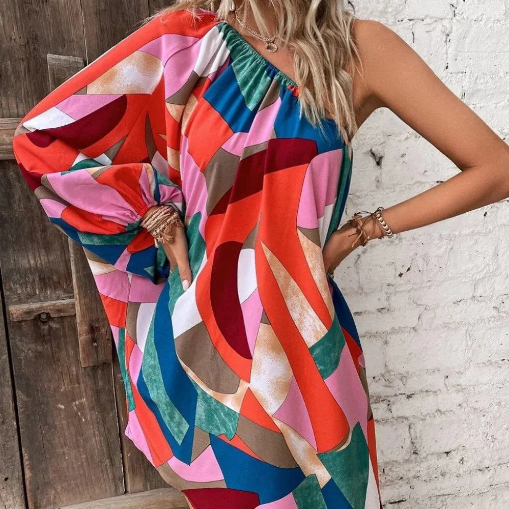 Contemporary Boho Geo Print Lantern Sleeve Asymmetrical Hem Dress - Picture 3 of 5